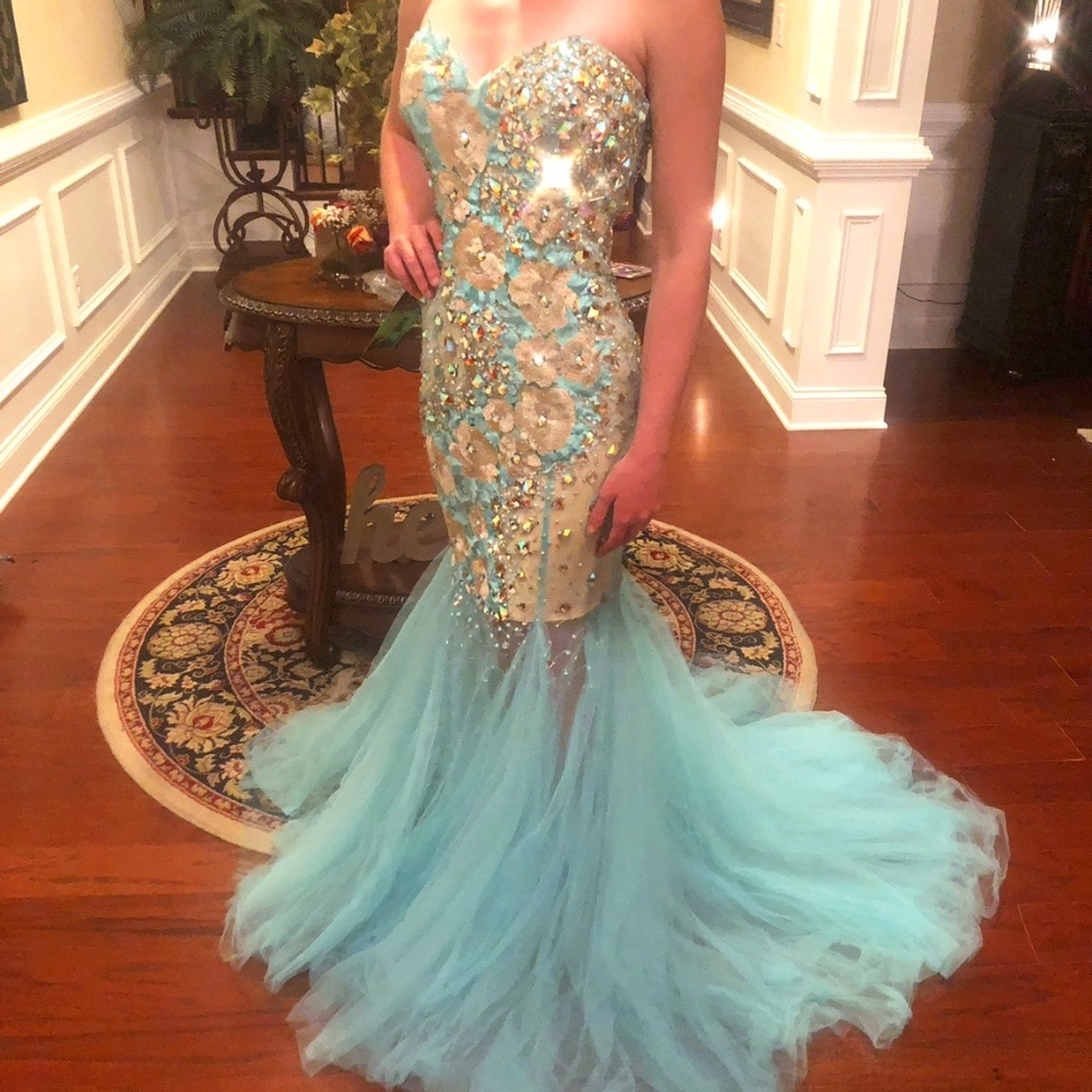 NWT Gorgeous Terani Couture Sheer & Embellished Strapless Gown sz6